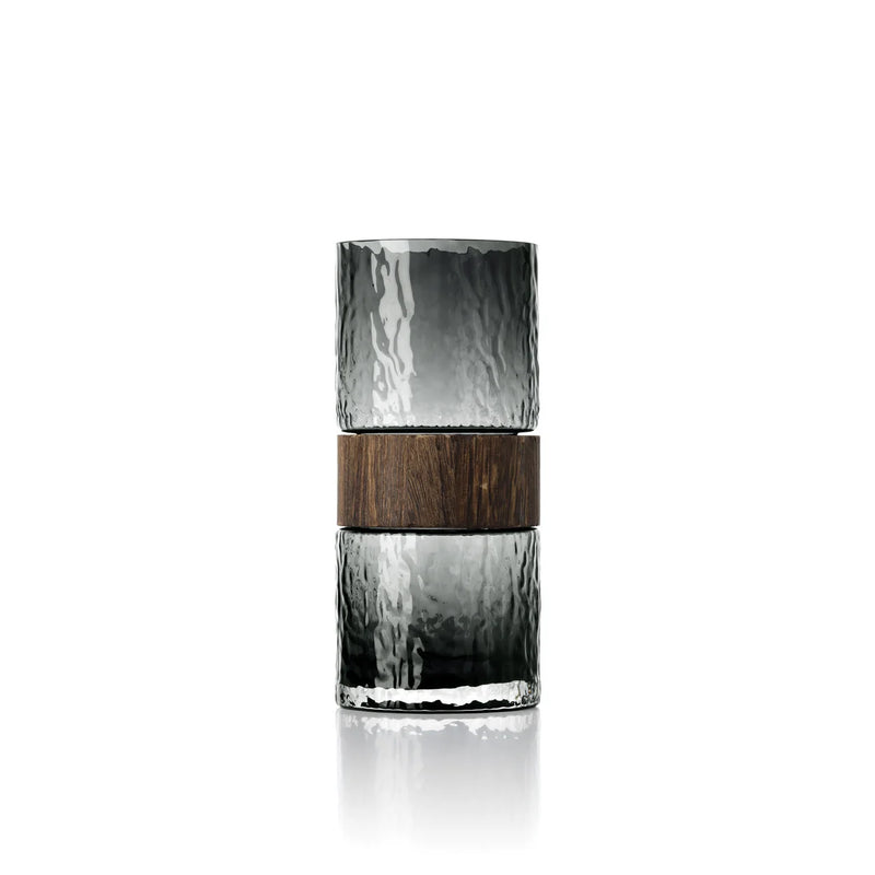 Zylindrische Deko-Vase aus Rauchglas und dunklem Holz – H 24 cm