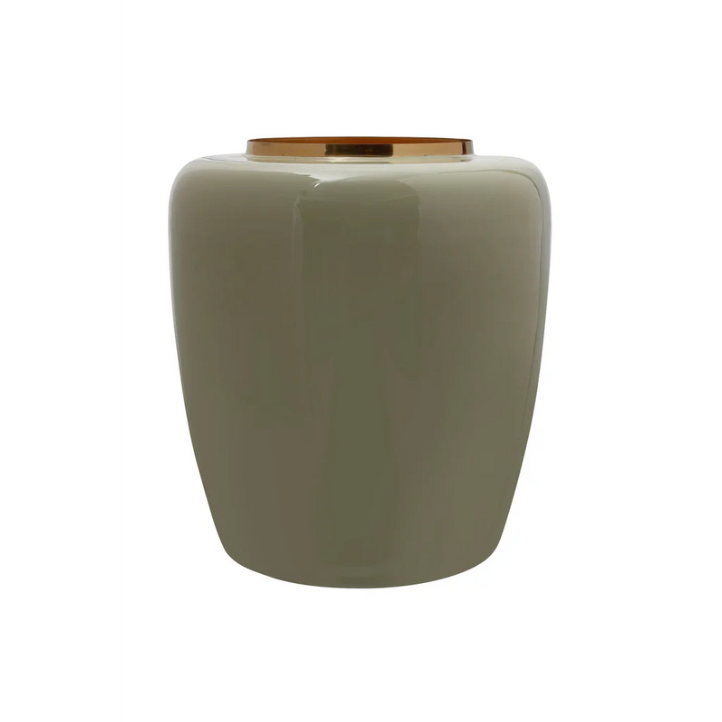 Deko-Vase aus lackiertem Metall in Olivgrün mit glänzendem bernsteinfarbenem Hals – H36,5 cm