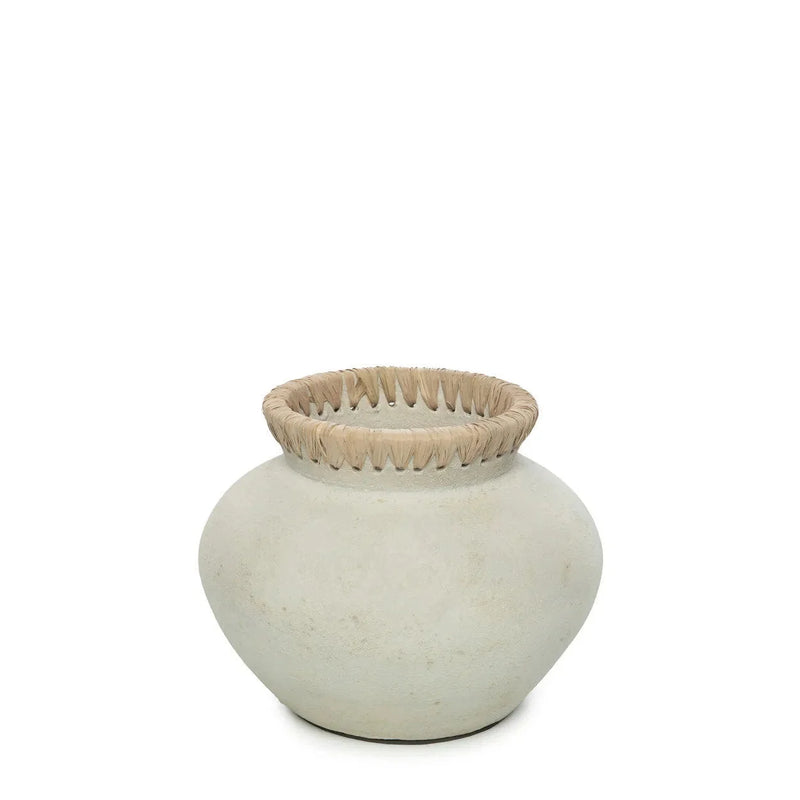 Runde Terrakotta-Vase in Steinoptik mit Raffia-Hals Beige Natur – H19 cm