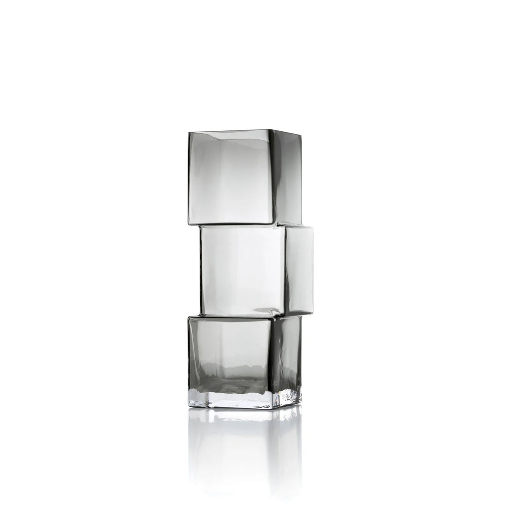 Vase décoratif en verre fumé gris avec cubes décalés empilés translucides, H27 cm