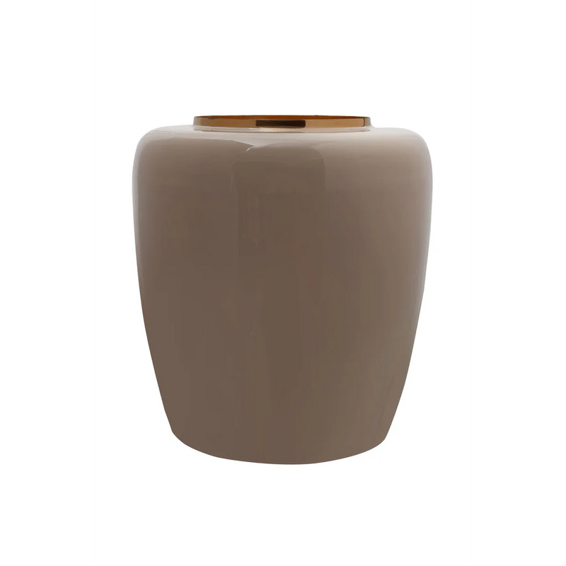 Ovale Vase aus glänzendem Metall in Taupe mit goldenem Innenleben – H36,5 cm