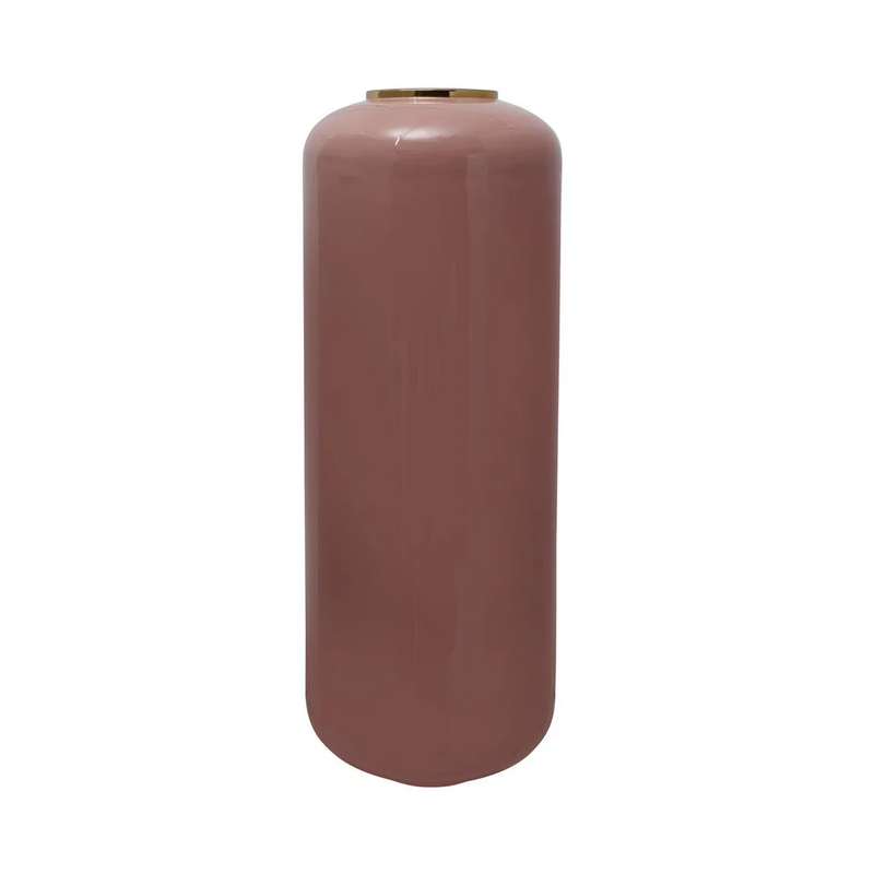 Zylindrische Bodenvase in Puderrosa mit goldfarbenem Hals – H81 cm
