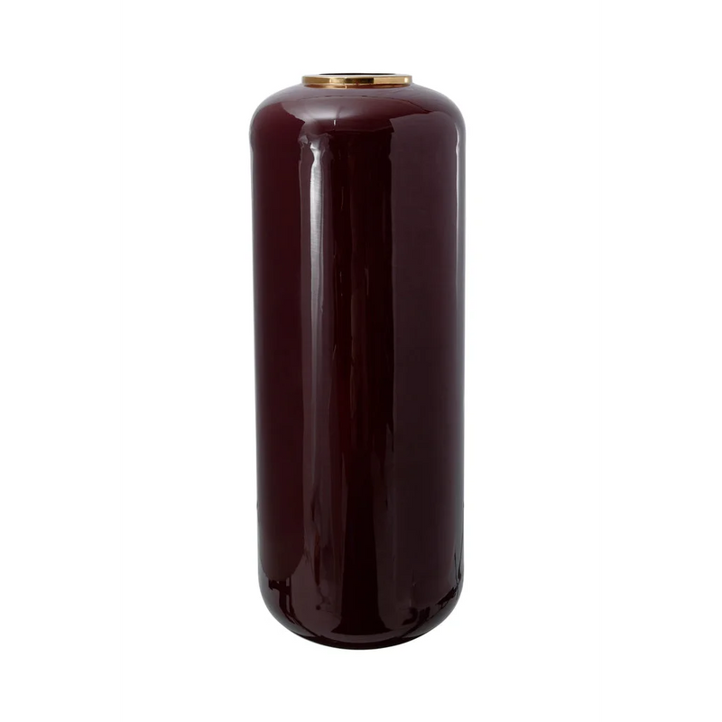 Bodenvase aus lackiertem Metall in Bordeaux mit goldfarbenem Hals – H81 cm