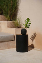 Table d’appoint cylindrique noir avec vase en terre cuite côtelée et feuille verte