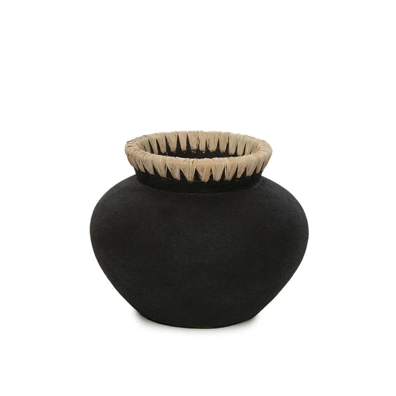 Vase aus Terrakotta und Raffia in Schwarz Natur H19 cm