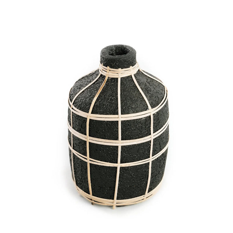 Vase aus Terrakotta und Rattan in Schwarz Natur H23 cm