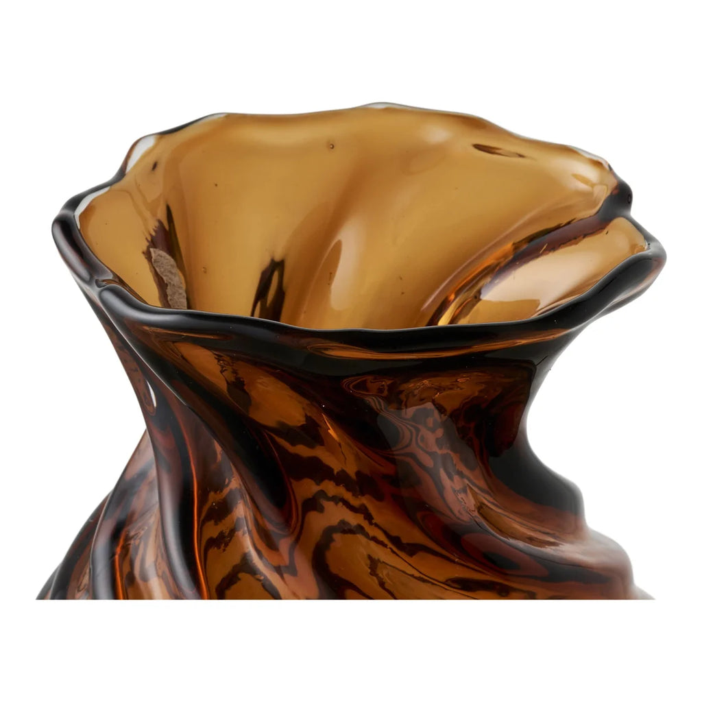 Vase en verre soufflé torsadé brun fumé, H18,5 cm, motif marbré tourbillonnant