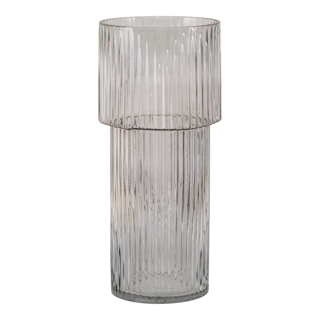 Vase en verre soufflé transparent rond Ø17,5x40 cm, gris translucide à côtes verticales