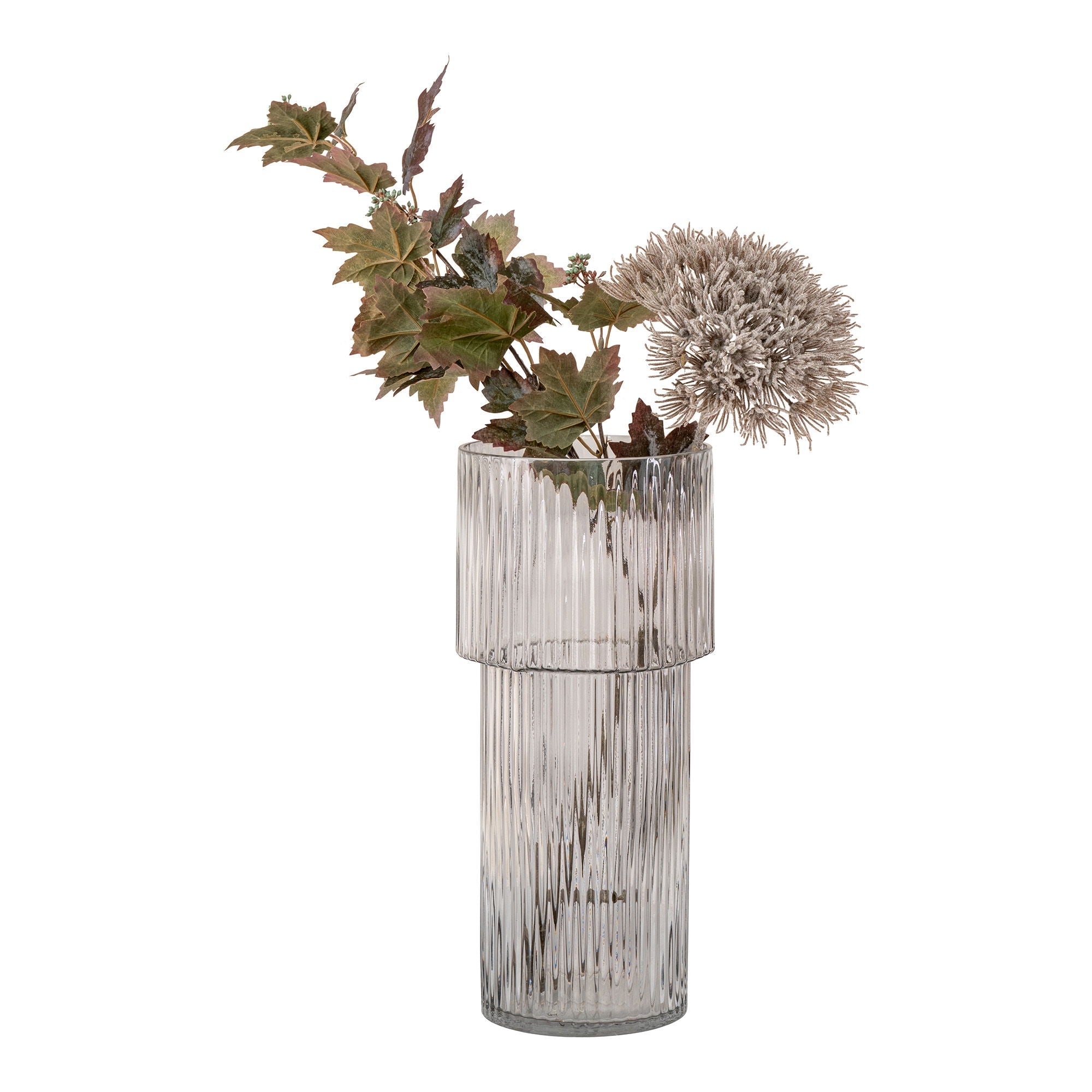 Vase en verre soufflé transparent rond avec allium sphérique et feuilles