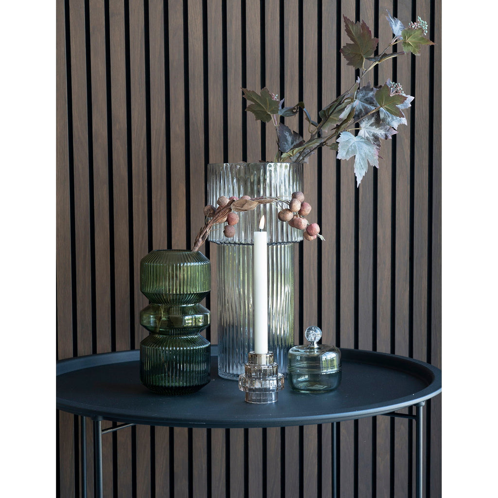 Vase en verre soufflé transparent rond Ø17,5x40 cm, haut à côtes vertes translucides