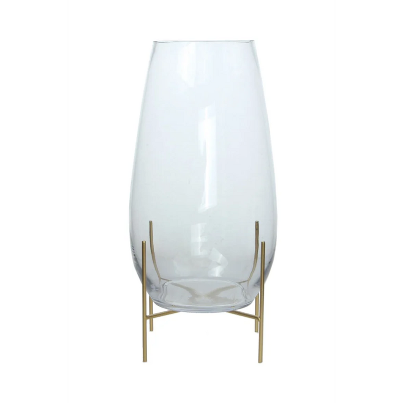 Vase aus mundgeblasenem Klarglas mit goldfarbenem Ständer – H47 cm