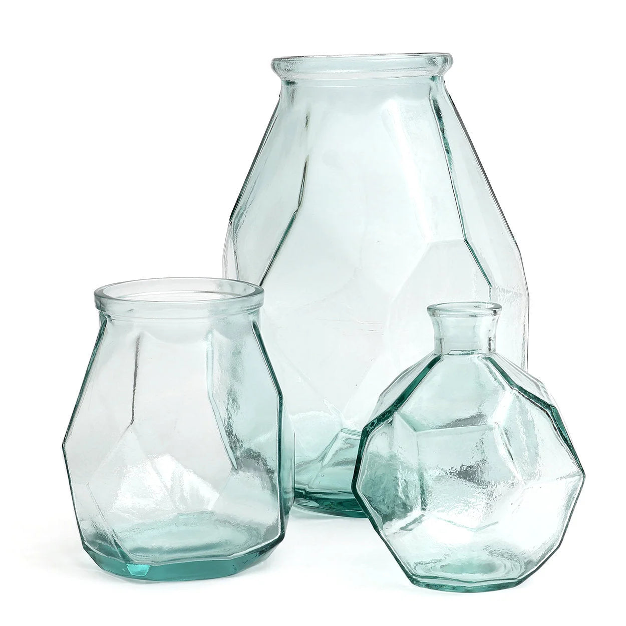 Vase en verre transparent forme géométrique bleue – H18 cm
