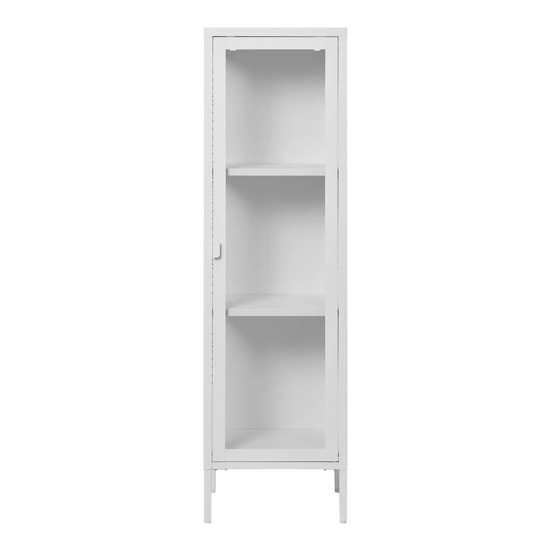 Schmale Vitrine aus weißem Metall mit Glastür – 40x35x140 cm