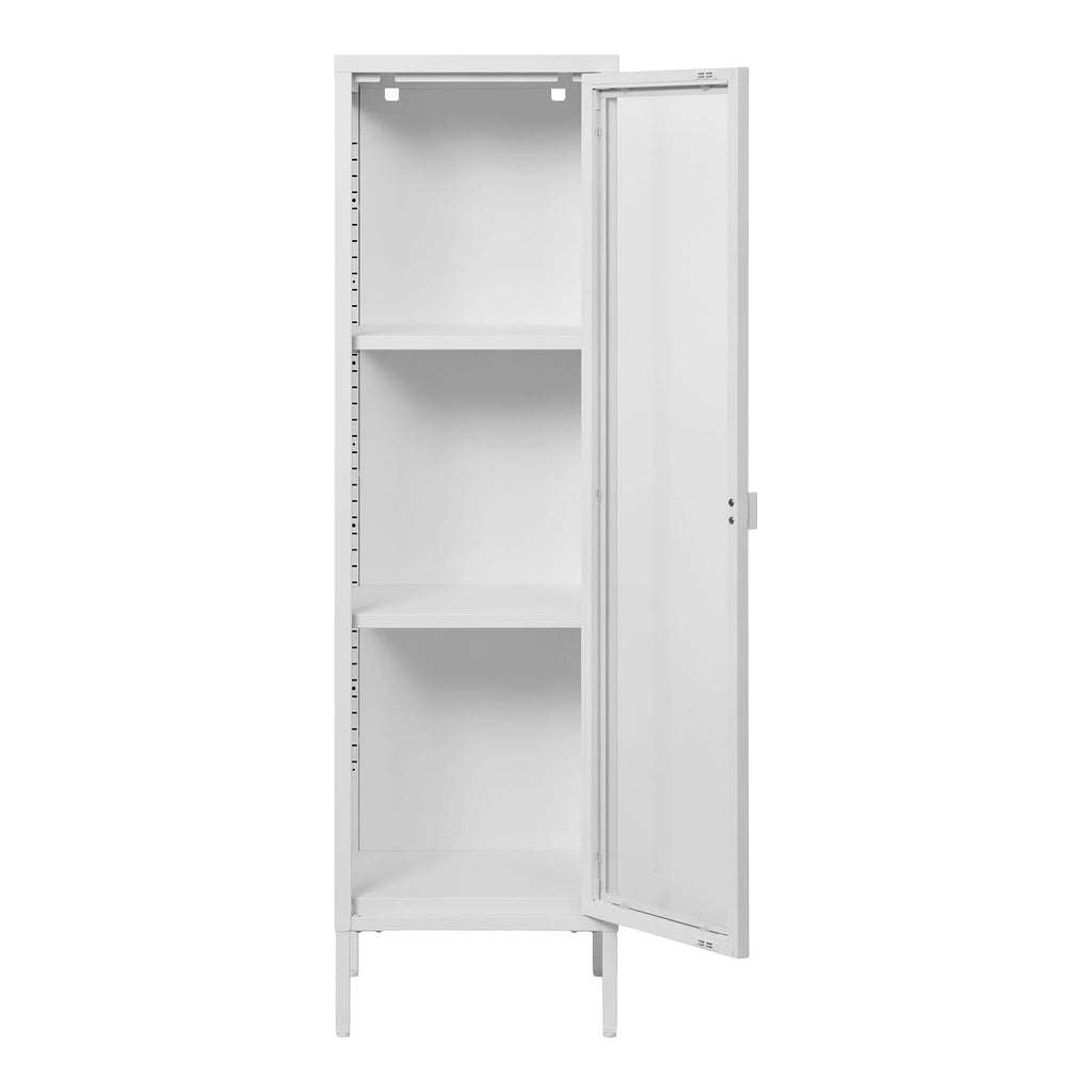Vitrine étroite en métal blanc à porte vitrée, 140 cm, avec étagères ajustables
